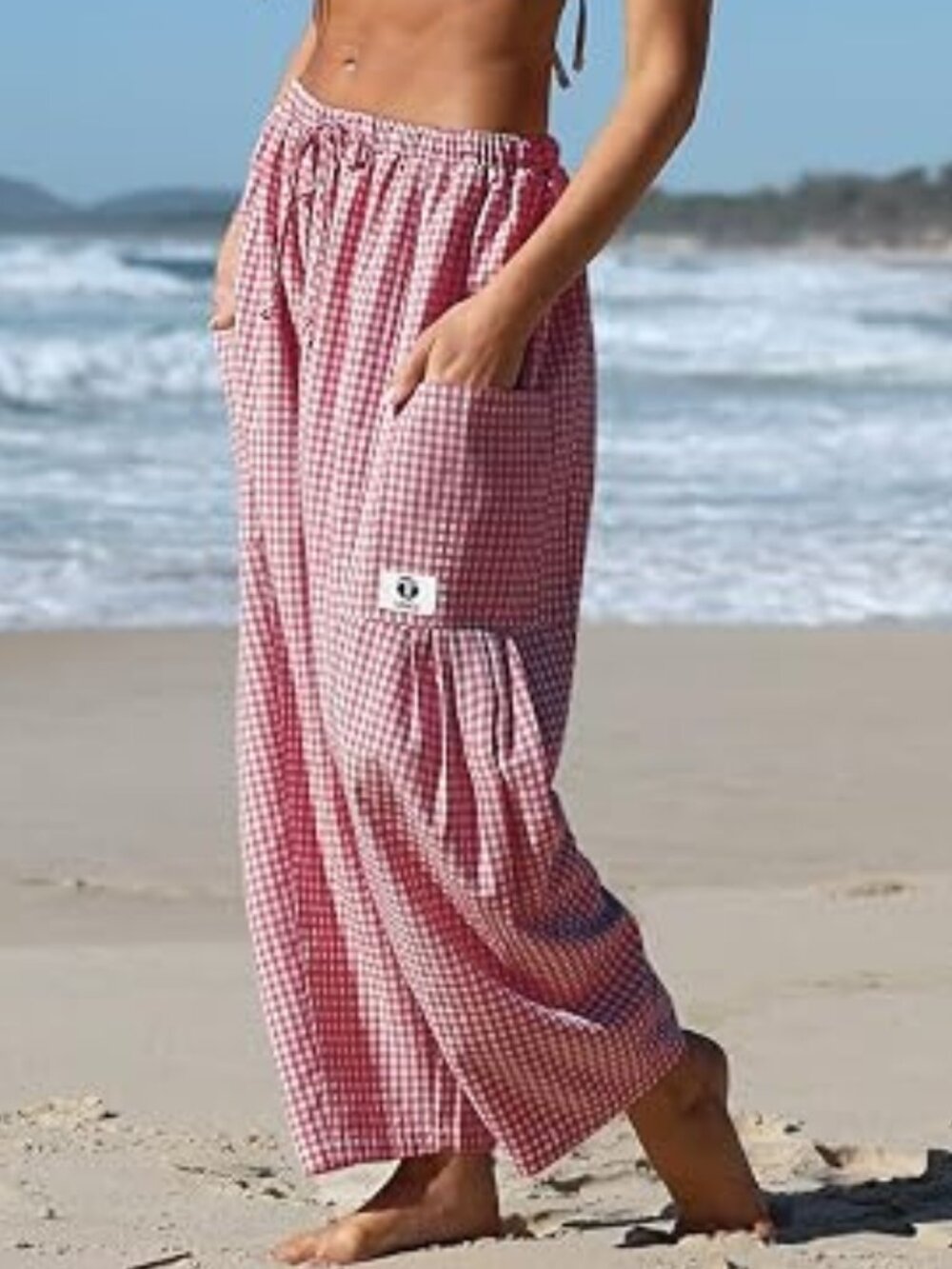 NWT TARSE Womens Linen Barrel Leg Red Gingham Pants